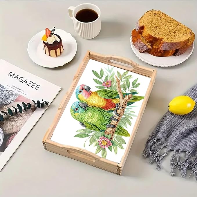 DoxQcs DIY Diamond Art Wooden Tray Kit Easter Food Tray with Handle Diamond Painted Table Decoration Tray for Breakfast Bar Dinner Table Diamond Art Painting for Beginners-Parrot