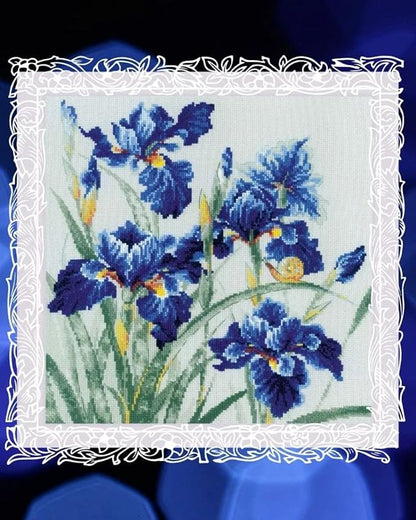 RIOLIS - Blue Irises 2102, Cross Stitch Kits 11¾" x 11¾", Cross Stitch Kits for Adults, Floral Counted Cross Stitch Kits, Embroidery Kit for Beginners & Advanced, Crossstitching Kits