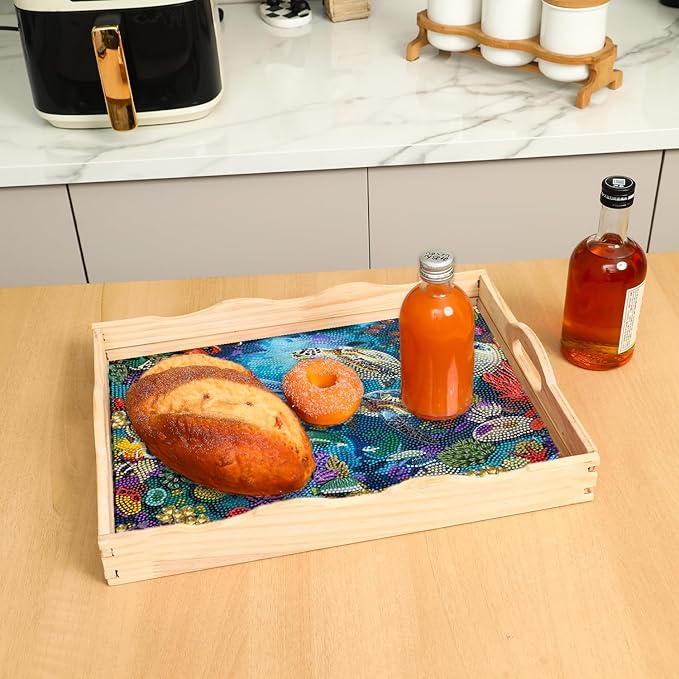DOTSOPS Landscape Diamond Art Painting Wooden Serving Trays with Handles Tray with Handles,Big Gem for Parties Home Decor (12x16 Inches)