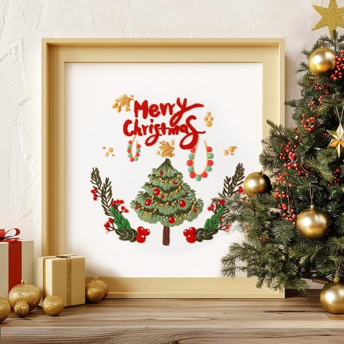 Christmas Embroidery Kits: 1 Pack Cross Stitch Kit for Beginners Adults, DIY Ornaments Craft Kit with All Tools & Instructions, Stamped Hand Embroidery Starter Kit for Holiday Crafts & Xmas Home Decor