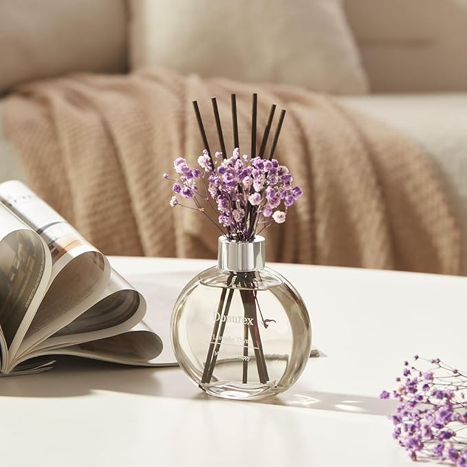 Donurex Flower Reed Diffuser Set 5.07oz Lavender Thyme Scent Diffuser with Sticks Home Fragrance Reed Diffuser for Bathroom Shelf Decor