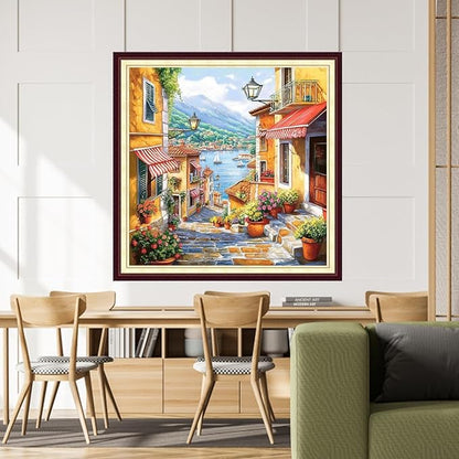 DMCCRAFT Stamped Cross Stitch Kits for Adults 11CT Printed Cross-Stitch Patterns Embroidery Kits Easy Cross Stitching Needlepoint Kits&Seaside Street View 18x18 inch