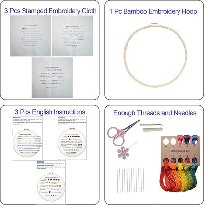 Bonroy Beginners Embroidery Practice kit 3 Sets to Learn 30 Different Stitches for Craft Lover Hand Stitch with Embroidery Fabric with Skill Techniques