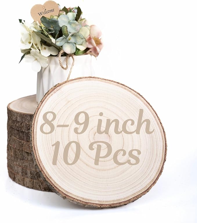 10 Pack Natural Wood Slices for Centerpieces – Rustic Wedding Table Decorations, Unfinished Wooden Rounds for DIY Crafts and Home Decor (8–9 inch)