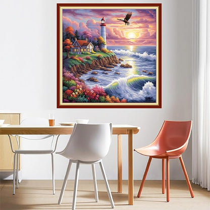 DMCVIVR Stamped Cross Stitch Kits for Beginners Adults Needlepoint Kits for Beginners Embroidery Kits for Adults Crossstitch Kit for Beginners 11CT-Seaside Lighthouse 18x18 inchs