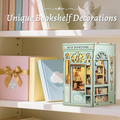 Fsolis Book Nook Kit - DIY Miniature House Kit 3D Puzzles for Adults Beginners Tiny House Mini Booknook Craft Bookshelf Decor, 281 Wooden Pieces, Gifts for Women Teenagers Book Lovers (Muse Bookstore)