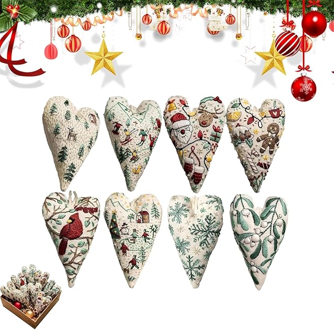 Froklic New Christmas Embroidery Kits, DIY Heart Shaped Hand Christmas Tree Embroidered Ornament Kit, Nativity Cross Stitch Kit for Winter Pattern Embroidery Decoration (with Needles-8PCS)