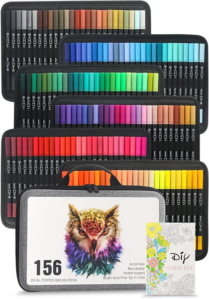 LIULIUCAI 156 Colors Dual Tip Markers Brush Pens, Fine & Brush Tip Art Markers for Adult Coloring Book Drawing Calligraphy, Colored Pen Christmas Gifts Stocking Stuffers for Teen Art Supplies