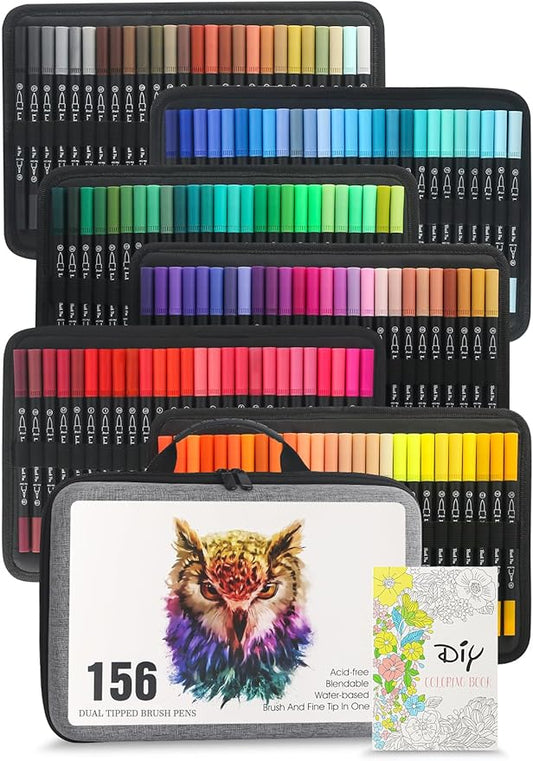 LIULIUCAI 156 Colors Dual Tip Markers Brush Pens, Fine & Brush Tip Art Markers for Adult Coloring Book Drawing Calligraphy, Colored Pen Christmas Gifts Stocking Stuffers for Teen Art Supplies