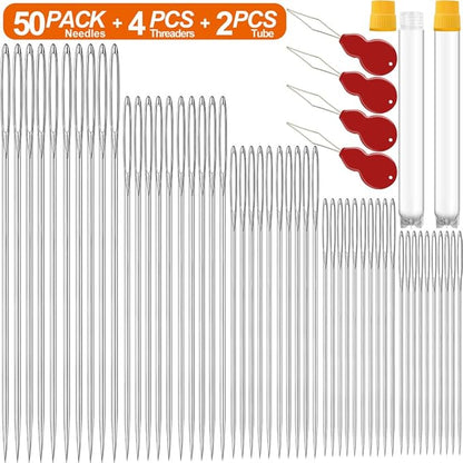 50 Pack Premium Large Eye Needles for Hand Sewing with Needle Threaders, Assorted Sizes, Embroidery Needles for Hand Sewing, Sewing Needles Large Eye, Big Eye Needle