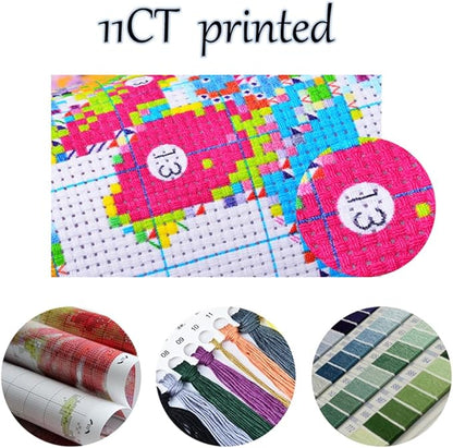 Leczany Cross Stitch Stamped Kits Patterns Craft Kit Needlepoint Full Range of Embroidery Starter Kits Beginners for DIY 11CT 3 Strands | Bicycle and Flowers 16.5×16.5 inches