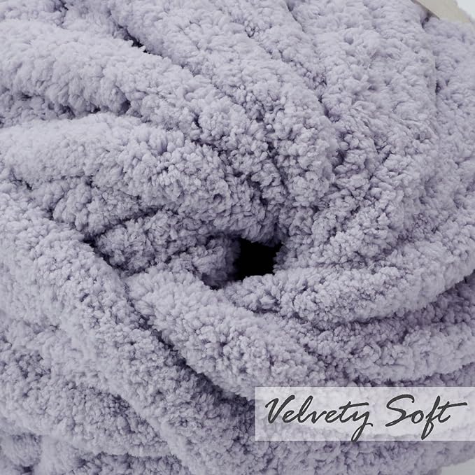 ERLYEEN Chenille Chunky Yarn Super Bulky Soft Thick Fluffy Jumbo Giant Washable Polyester Big Yarn DIY for Arm Knit Blanket Cushion Bed Sofa Home Decor,Light Grey,0.55LB