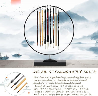 Corciosy 10PCS Chinese Calligraphy Brush Set, Writing Brush with Bamboo Storage Scoll, Japanese or Chinese Kanji Sumi-E Drawing Watercolor Brush