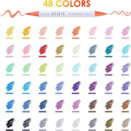 KEMYR 48 Colors Brush & Fine Tip Acrylic Paint Pens, Dual Tip Acrylic Paint Markers for Paper, Wood, Canvas, Stone, Rock, Glass, Fabric, DIY, Ceramic, Art Supplies for Adults Drawing