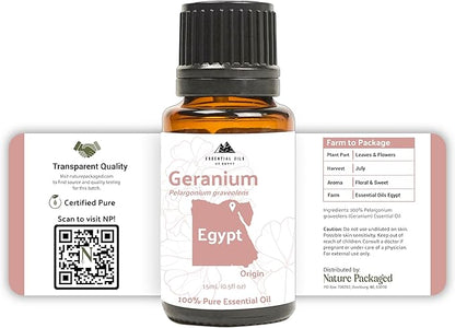 Nature Packaged Geranium Essential Oil - Direct from Egypt Nile Delta - Pure Essential Oils for Body, Skincare & Balance - Natural Aceite de Geranio - 100% Pure Therapeutic Grade (15ml)