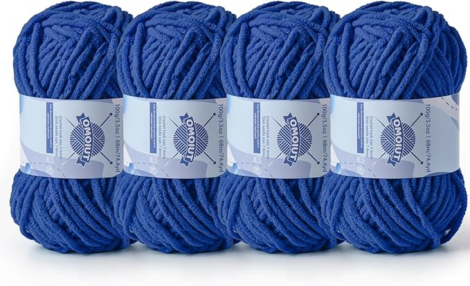 Chunky Chenille Yarn for Crocheting，Baby Yarn for Crocheting Soft Blankets，Bulky Yarns for Crochet Amigurumi，4×100g (4×74.3yds) Fluffy Velvet Yarns for Hand Knitting (4 Sapphire Blue)