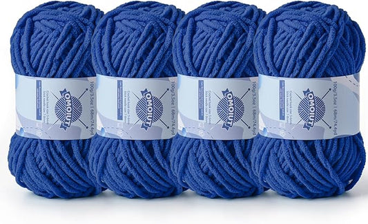 Chunky Chenille Yarn for Crocheting，Baby Yarn for Crocheting Soft Blankets，Bulky Yarns for Crochet Amigurumi，4×100g (4×74.3yds) Fluffy Velvet Yarns for Hand Knitting (4 Sapphire Blue)
