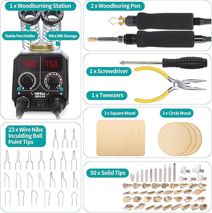 YIHUA 939D-VII Pyrography Tool Wood Burning Pen Kit Station 2-in-1 Solid-Point 200~480°C (with Temp Display)/Wire-Nib 250~750°C with 23 Nibs, 50 Solid Points, 6 Woodpieces