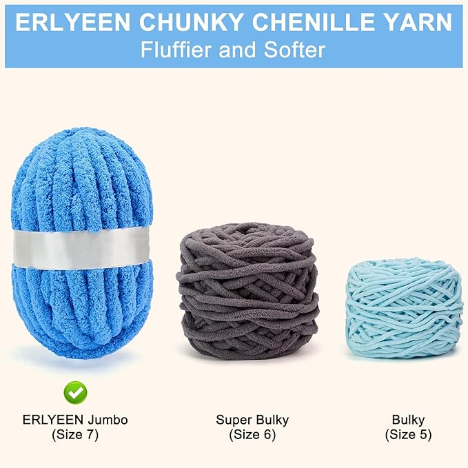 ERLYEEN Chenille Chunky Yarn Super Bulky Soft Thick Fluffy Jumbo Giant Washable Polyester Big Yarn DIY for Arm Knit Blanket Cushion Bed Sofa Home Decor,Denim Blue,2.2LB
