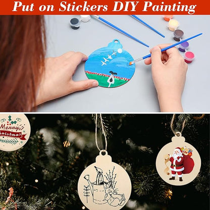 Wooden Ornaments for Crafts, 100Pcs Wood Slices & 10 Stickers, Unfinished Circles Slices DIY Christmas Tree Ornaments Predrilled Discs for Holiday Xmas Hanging Painting Decorations(2.4 Inch)