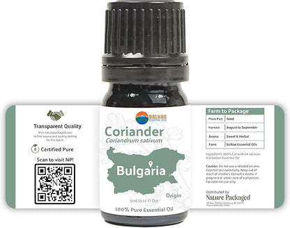 Nature Packaged Coriander Essential Oil - Direct from Bulgarian Balkan Mountains - Steam Distilled - Aceite Cilantro for Aromatherapy, Massage, Diffuser, DIY Candle and Soap Making - 5ml
