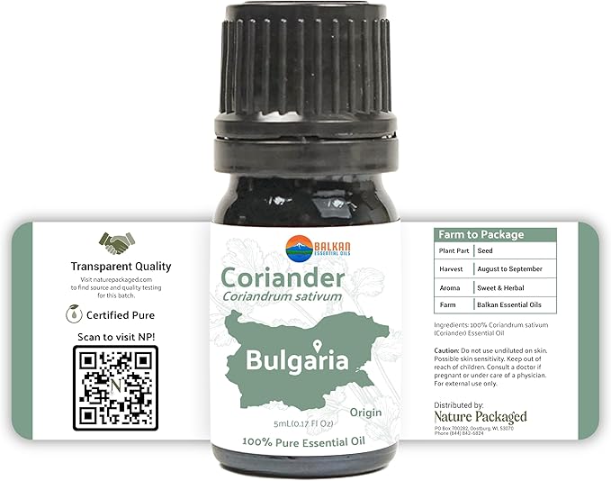 Nature Packaged Coriander Essential Oil - Direct from Bulgarian Balkan Mountains - Steam Distilled - Aceite Cilantro for Aromatherapy, Massage, Diffuser, DIY Candle and Soap Making - 8oz