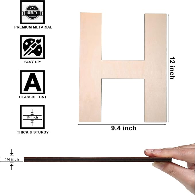12 Inch Wooden Letter H, 1/4 Inch Thick Large Unfinished Wood Letter for DIY Crafts Home Wall Decor