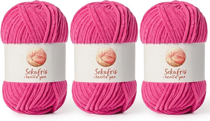 3 Pack Rose Chunky Chenille Yarn for Crocheting, Bulky Velvet Yarns for Crochet, Baby Yarn for Crocheting Soft Blanket, 393 yds/10.5 oz Fluffy Amigurumi Crochet Yarn