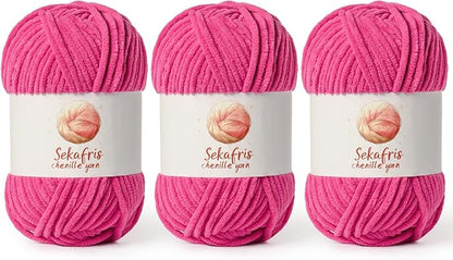 3 Pack Rose Chunky Chenille Yarn for Crocheting, Bulky Velvet Yarns for Crochet, Baby Yarn for Crocheting Soft Blanket, 393 yds/10.5 oz Fluffy Amigurumi Crochet Yarn