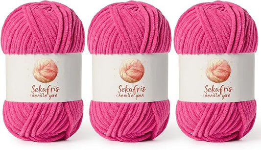 3 Pack Rose Chunky Chenille Yarn for Crocheting, Bulky Velvet Yarns for Crochet, Baby Yarn for Crocheting Soft Blanket, 393 yds/10.5 oz Fluffy Amigurumi Crochet Yarn