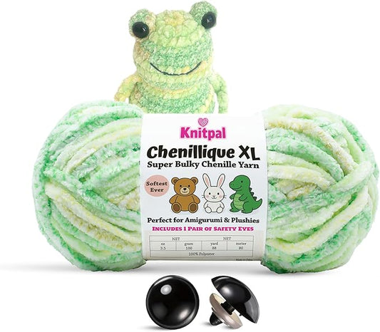 Chenillique XL Super Bulky Chenille Yarn – 100g Skein (88 Yards) + Safety Eyes + Free Plushie Pattern – Plush Polyester Yarn for Amigurumi, Crochet & Knitting - Spring Green