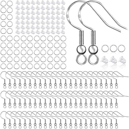 925 Sterling Silver Plated Earring Hooks 150 PCS/75 Pairs,Ear Wires Fish Hooks,500pcs Hypoallergenic Earring Making kit with Jump Rings and Clear Silicone Earring Backs Stoppers (Silver)