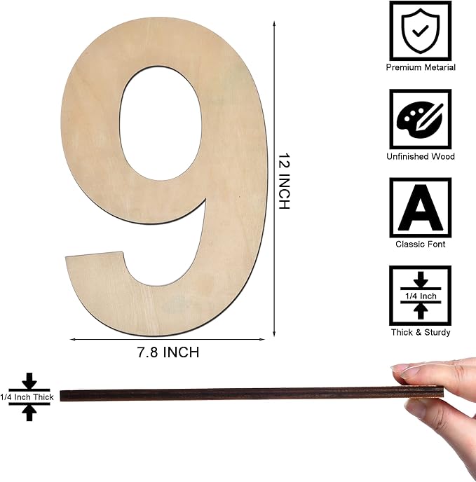 12 Inch Wooden Number 9, 1/4 Inch Thick Large Unfinished Wood Number for Home Wall Decor, DIY Crafts