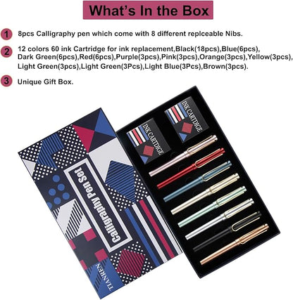 TIANREN Calligraphy Pen set,Fountain Pens with 8 Different Replaceable Nibs with 60 Ink Cartridges(12 Colors),Calligraphy set for Beginner Writing Drawing.