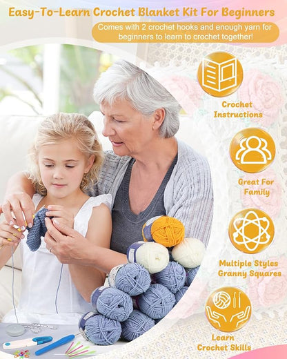 Coopay Crochet Starter Kit - Beginner's Blanket & Granny Squares Pattern, Includes Yarn & Instructions - Easy to Learn for Adults (Blue-Purple)