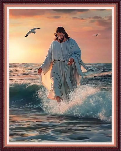 Fanxvivy Stamped Cross Stitch Kits for Beginners Full Range of Cross Stitching Preprinted Embroidery Kits for Adults, 11CT Embroidery Pattern Needlepoint Kits-Jesus by The Sea 16x20 inch