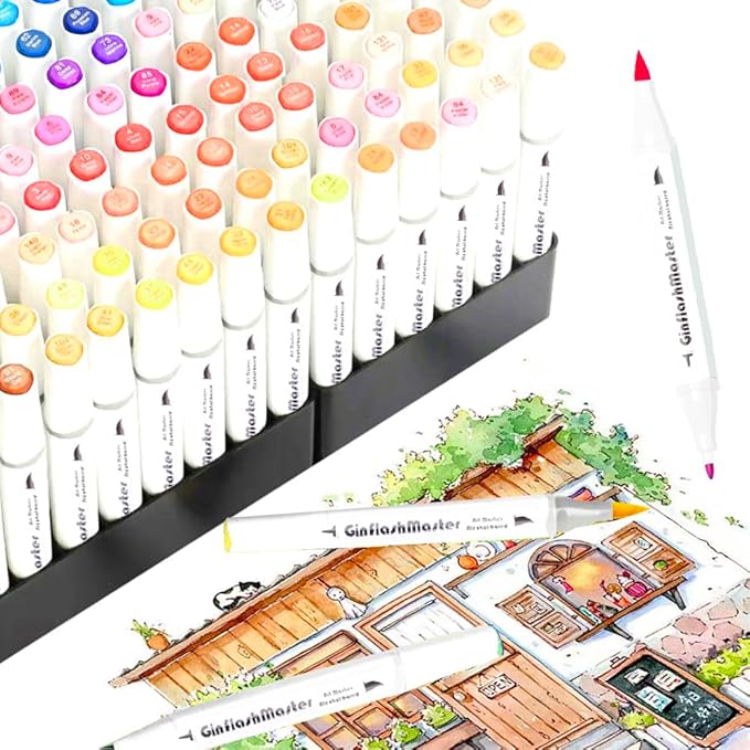 Ginflash Brush & Fine Tip Art Markers Pen Sketch Alcohol Based Markers Dual Tipped Manga Drawing Coloring Marker Art Supplies for Artist(280)