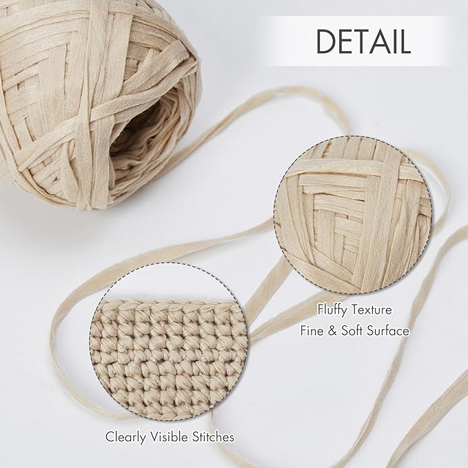 NICEEC 2 Skeins Soft Tape Yarn for Crocheting Craft Paper Yarn Easy Crochet Raffia Yarn Ribbon Yarn for DIY Craft Gift Wrapping Total Length 1.76oz×2/109yds×2-Milk Tea