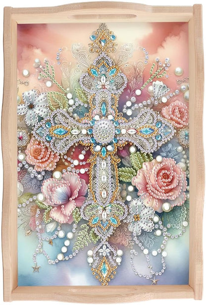 JISHSHAY Diamond Art Serving Tray Diamond Painting Food Tray Gem Art Serving Platter Gem Painting Mosaic Kits for Adults DIY Kits for Adults, with Wood Handle 20×30cm/7.87×11.81in, Cross Flower