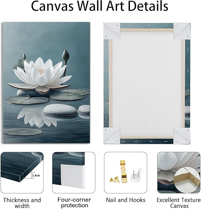 WENGTIAO 3Pcs Zen Stones Canvas Wall Art Prints Calm White Lotus Floral Bloom in Water Pictures Posters Butterfly Paintings Spiritual Meditation Artwork for Spa Yoga Living Room Bedroom Office 16x24x3