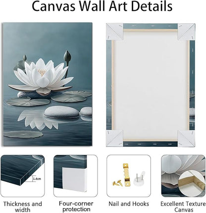 WENGTIAO 3Pcs Zen Stones Canvas Wall Art Prints Calm White Lotus Floral Bloom in Water Pictures Posters Butterfly Paintings Spiritual Meditation Artwork for Spa Yoga Living Room Bedroom Office 12x16x3