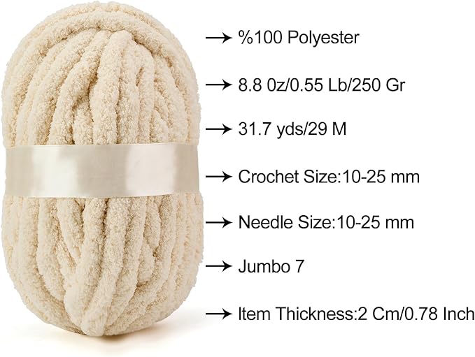 ERLYEEN Chenille Chunky Yarn Super Bulky Soft Thick Fluffy Jumbo Giant Washable Polyester Big Yarn DIY for Arm Knit Blanket Cushion Bed Sofa Home Decor,Beige,1.1LB