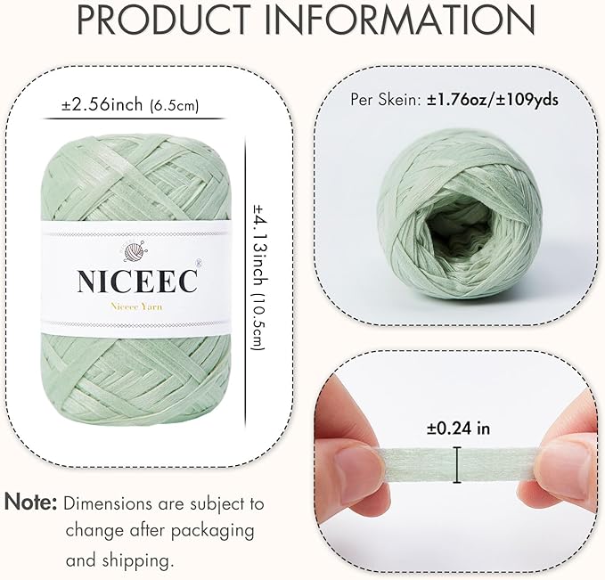 NICEEC 6 Skeins Soft Tape Yarn for Crocheting Craft Paper Yarn Easy Crochet Raffia Yarn Ribbon Yarn for DIY Craft Gift Wrapping Total Length 1.76oz×6/109yds×6-Weaves