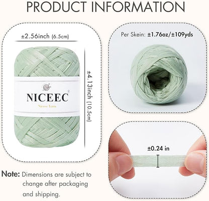 NICEEC 6 Skeins Soft Tape Yarn for Crocheting Craft Paper Yarn Easy Crochet Raffia Yarn Ribbon Yarn for DIY Craft Gift Wrapping Total Length 1.76oz×6/109yds×6-Weaves