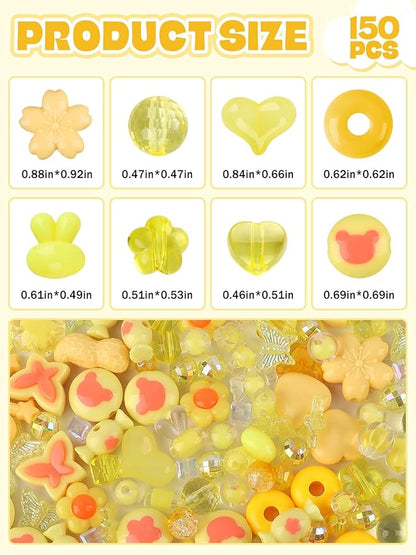 150PCS Acrylic Pastel Beads for Jewelry Making, Kalolary Colorful Bow Butterfly Flower Kawaii Plastic Candy Heart Cute Macaroon Aesthetic Beads for Bracelet Necklace DIY Supplies (Yellow)