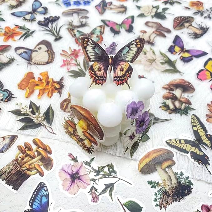 50 PCS Vintage Nature Mushroom Butterfly Flower Stickers – Clear Cottagecore Aesthetic Botanical Scrapbook Stickers for Journaling, Laptop, Water Bottle, Art Crafting