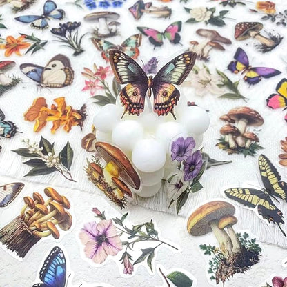 50 PCS Vintage Nature Mushroom Butterfly Flower Stickers – Clear Cottagecore Aesthetic Botanical Scrapbook Stickers for Journaling, Laptop, Water Bottle, Art Crafting