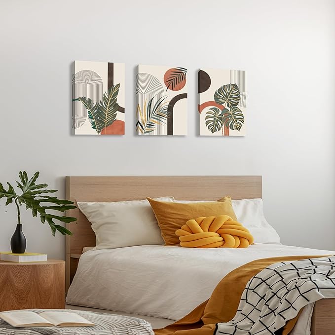 3 Pcs Boho Beige Canvas Wall Art Aesthetic Green Botanical Wall Pictures Minimalist Geometric Line Plants Leaf Art Prints Painting Home Decor for Bedroom Living Room Office Ready To Hang 16"x24"x3Pcs