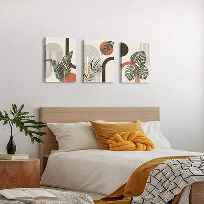 3 Pcs Boho Beige Canvas Wall Art Aesthetic Green Botanical Wall Pictures Minimalist Geometric Line Plants Leaf Art Prints Painting Home Decor for Bedroom Living Room Office Ready To Hang 16"x24"x3Pcs