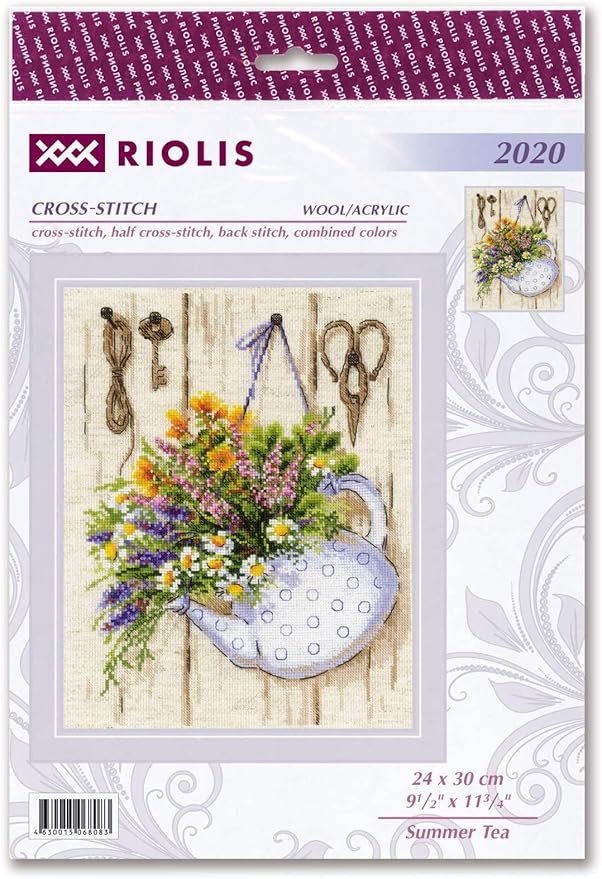 RIOLIS - Summer Tea 2020, Cross Stitch Kits 9½"x11¾, Cross Stitch Kits for Adults, Counted Cross Stitch Kits, Embroidery Kit for Beginners & Advanced, Floral Crossstitching Kits